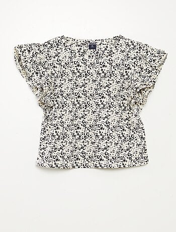 T-shirt à manches courtes volantées et à col rond avec imprimé