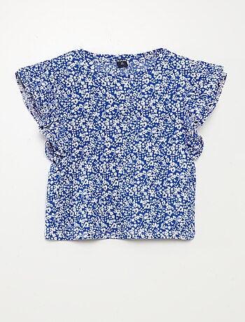 T-shirt à manches courtes volantées et à col rond avec imprimé