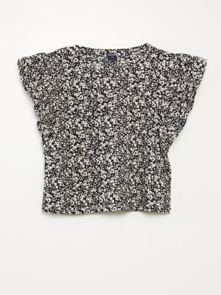 T-shirt à manches courtes volantées et à col rond avec imprimé