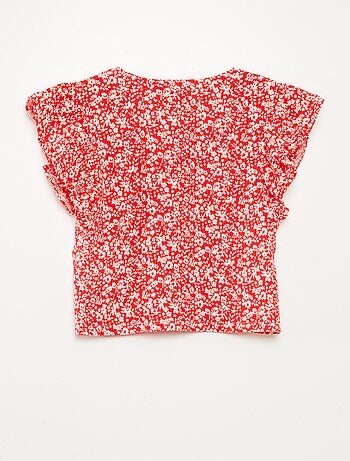 T-shirt à manches courtes volantées et à col rond avec imprimé