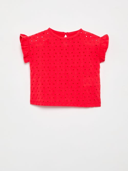 T-shirt à manches courtes volantées et broderies anglaises - Kiabi