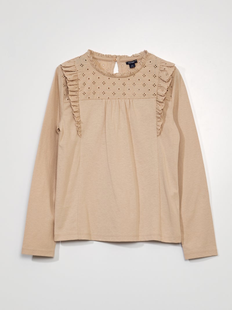 T-shirt à manches longues avec broderie anglaise Beige - Kiabi