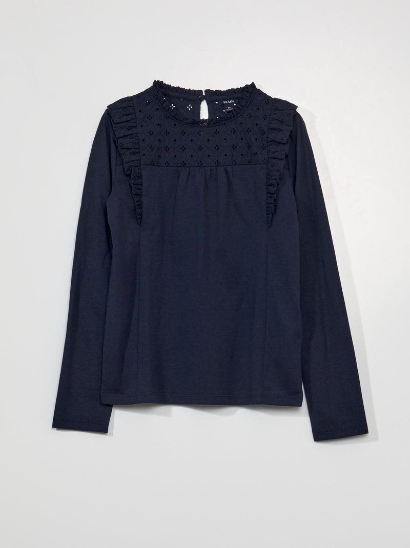 T-shirt à manches longues avec broderie anglaise Bleu - Kiabi