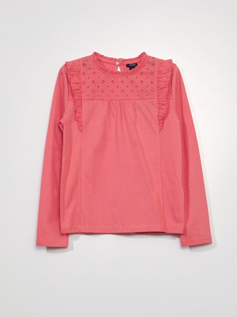 T-shirt à manches longues avec broderie anglaise rose - Kiabi