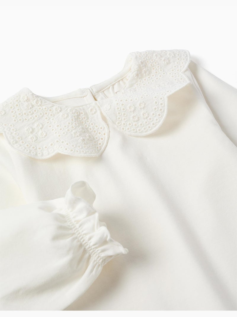 T-shirt à manches longues avec col en broderie anglaise Blanc - Kiabi