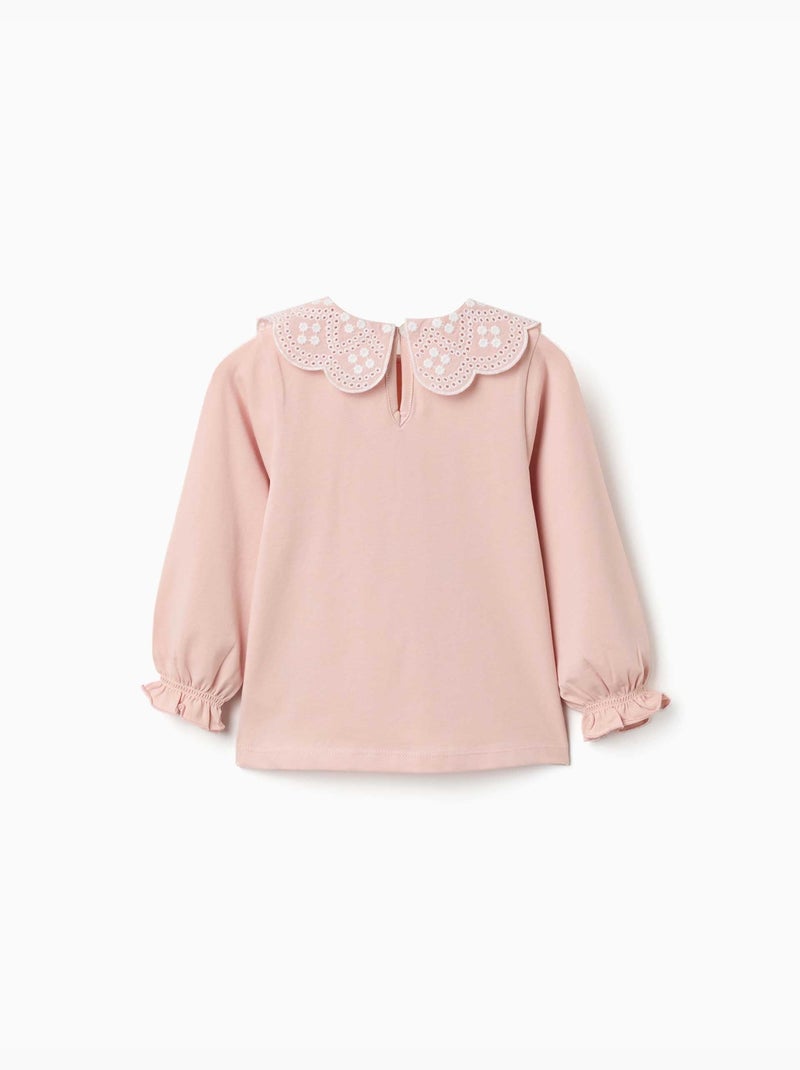 T-shirt à manches longues avec col en broderie anglaise Rose clair - Kiabi
