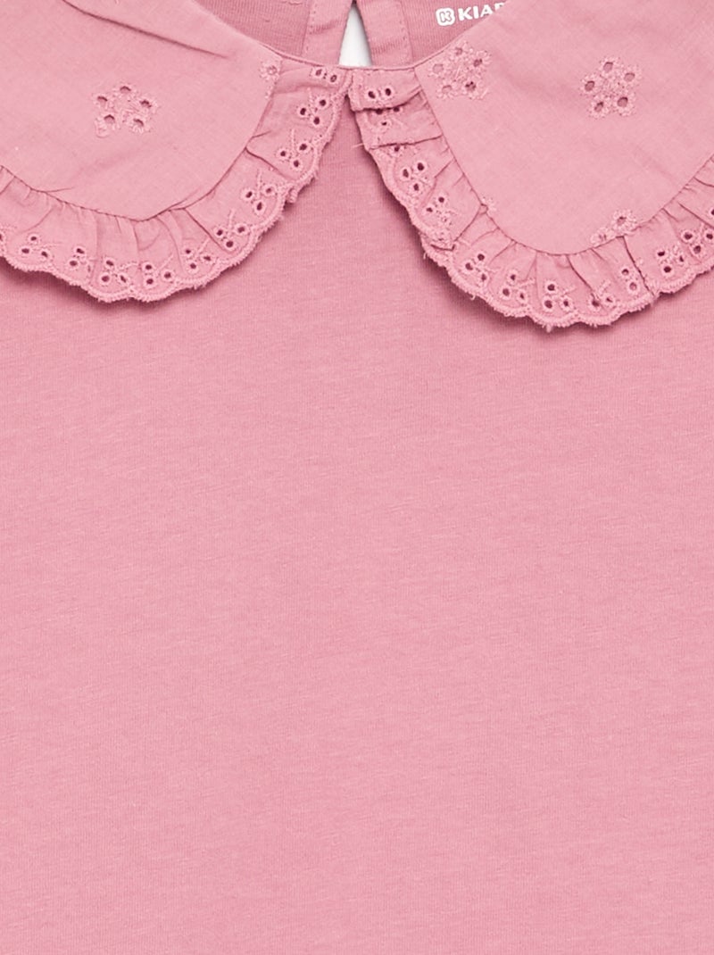 T-shirt à manches longues avec col en broderies anglaises Rose - Kiabi
