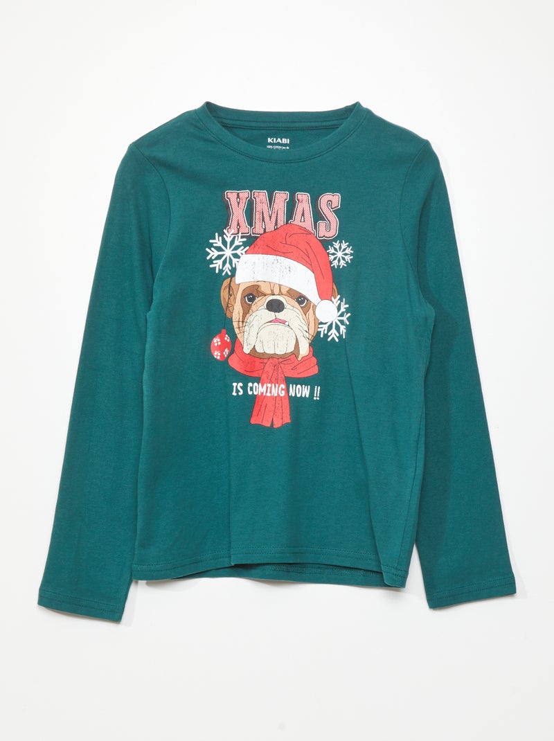 T-shirt à manches longues avec imprimé devant Vert - Kiabi