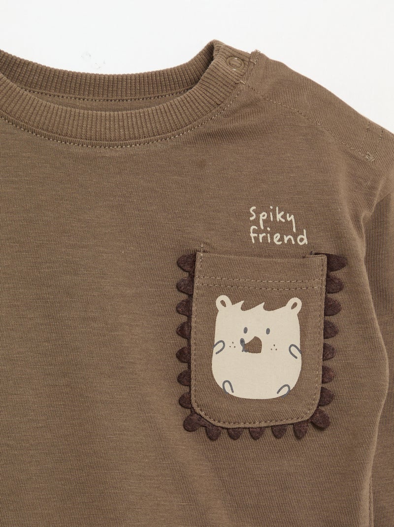 T-shirt à manches longues avec poche animée Marron - Kiabi