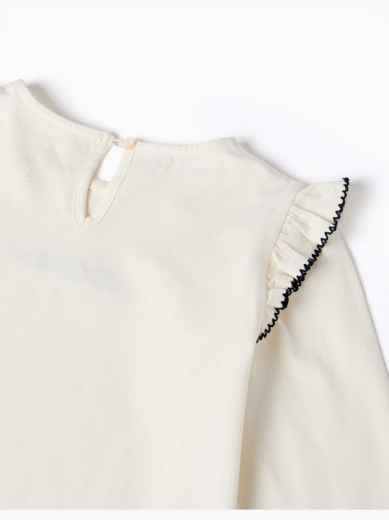 T-shirt à manches longues avec volants et broderie Blanc - Kiabi