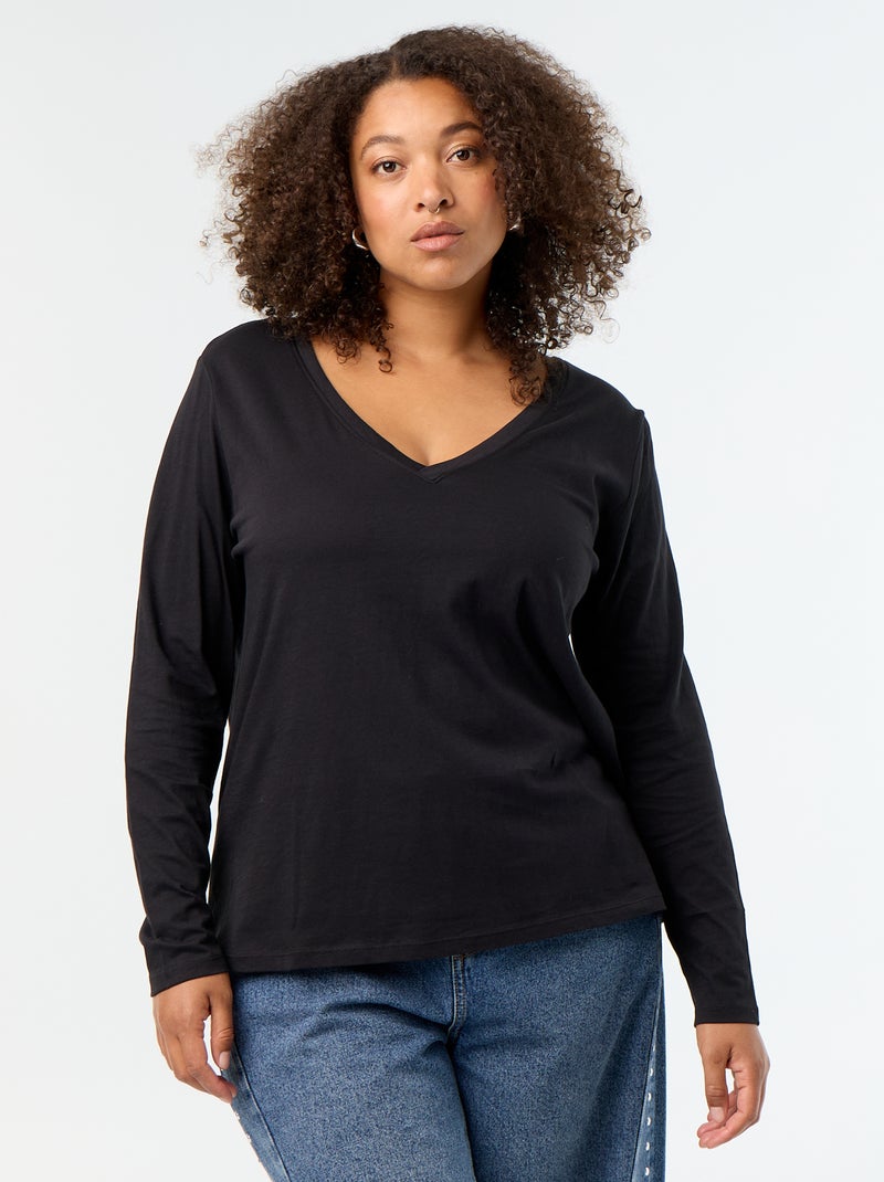 T-shirt à manches longues col V Noir - Kiabi