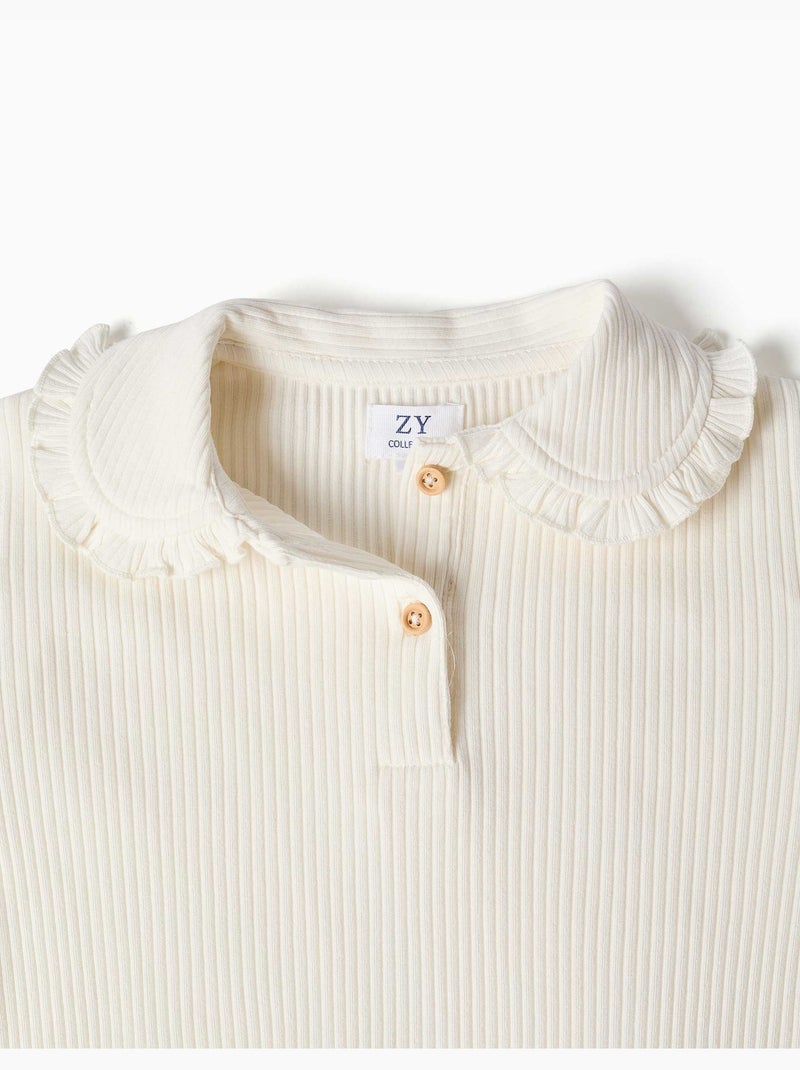 T-shirt à manches longues côtelé avec col à volants Blanc - Kiabi