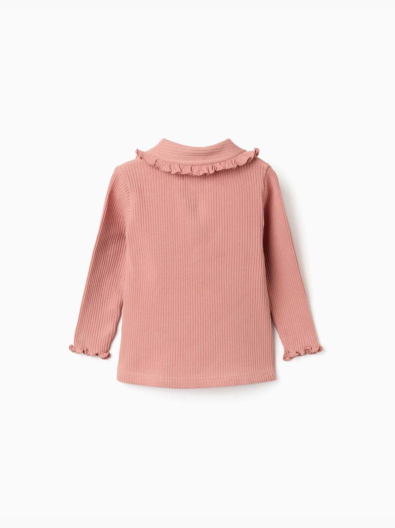 T-shirt à manches longues côtelé avec col à volants Rose - Kiabi