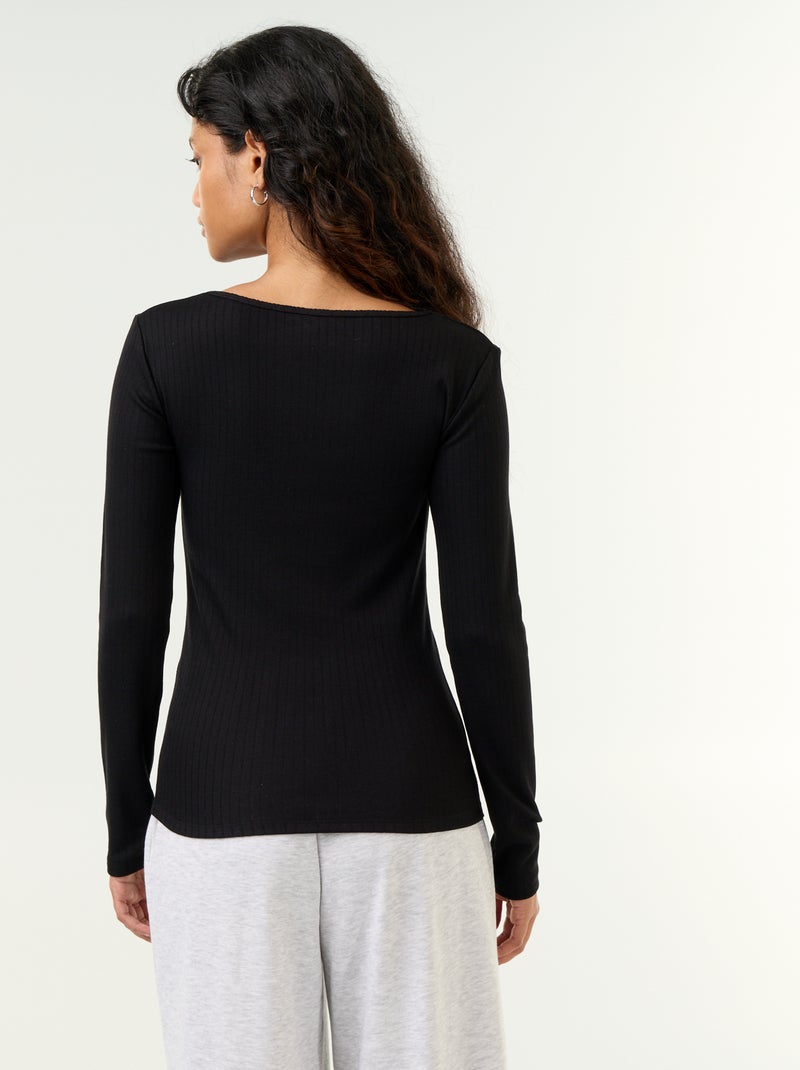 T-shirt à manches longues en maille pointelle Noir - Kiabi