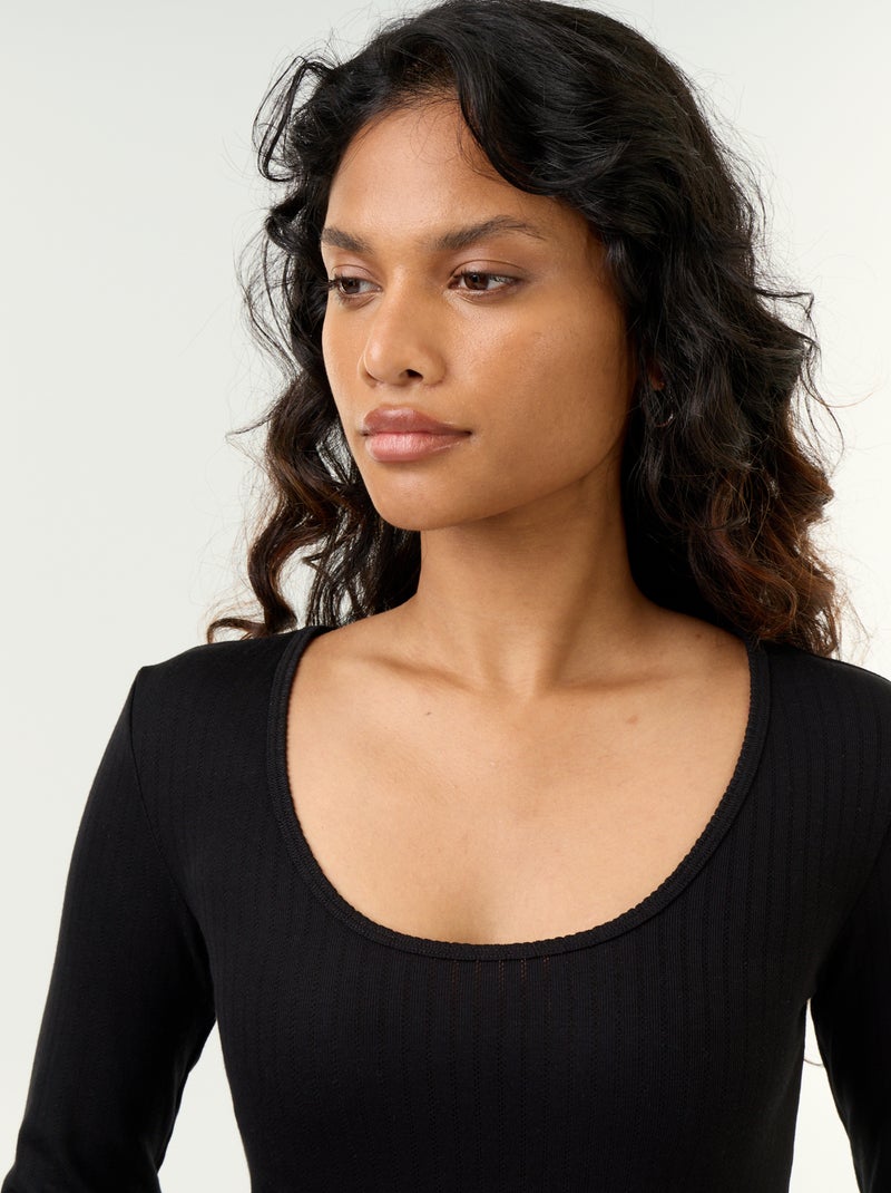 T-shirt à manches longues en maille pointelle Noir - Kiabi