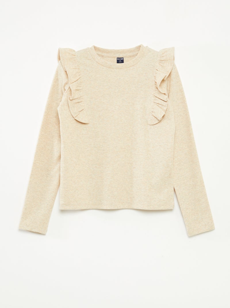 T-shirt à manches longues en matière côtelée Beige - Kiabi