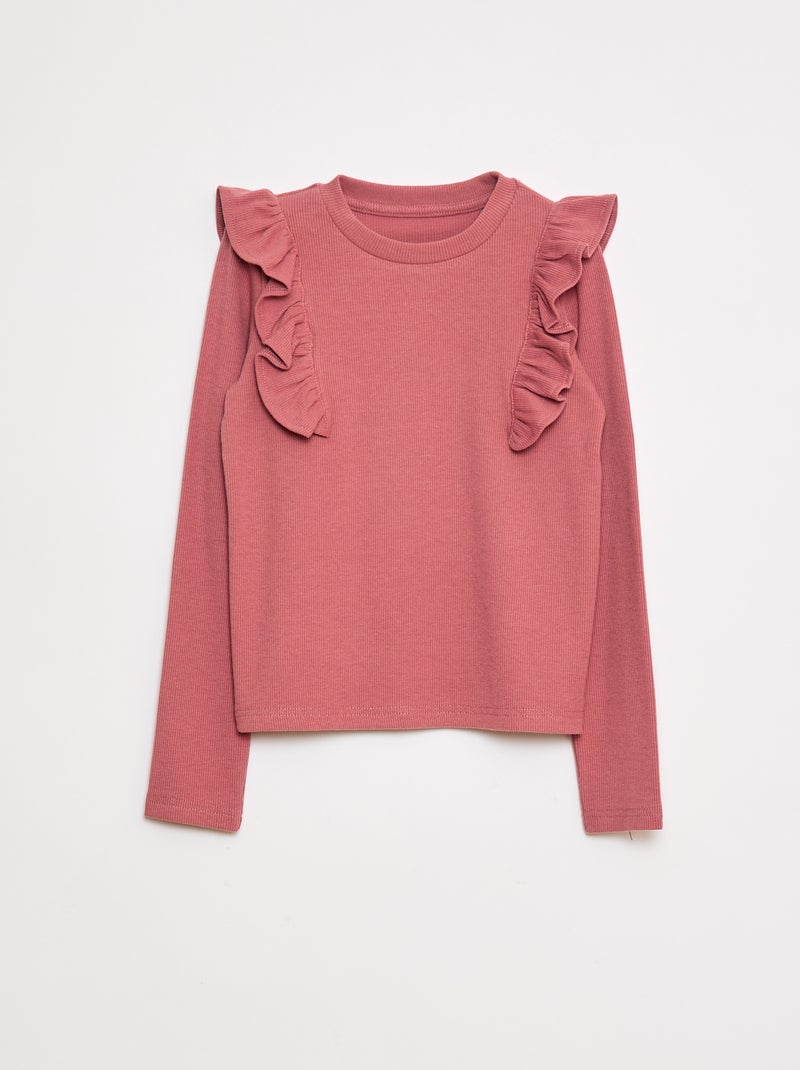 T-shirt à manches longues en matière côtelée Rose - Kiabi