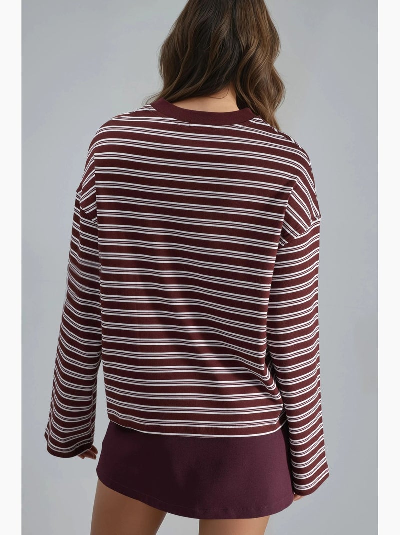 T-shirt à manches longues rayé , col rond busem Rouge bordeaux - Kiabi