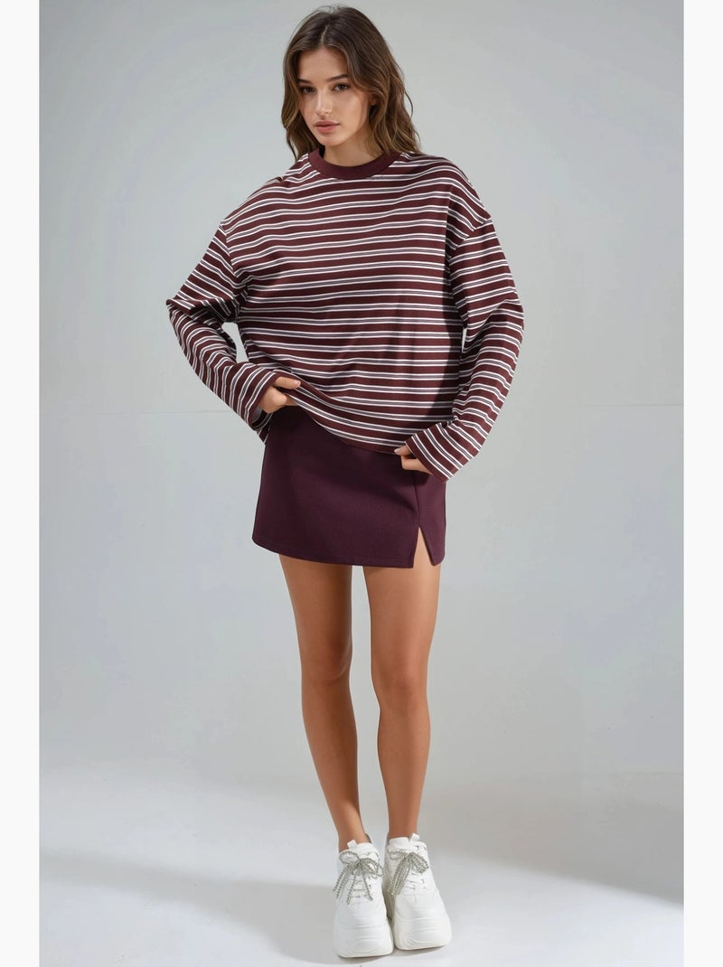 T-shirt à manches longues rayé , col rond busem Rouge bordeaux - Kiabi
