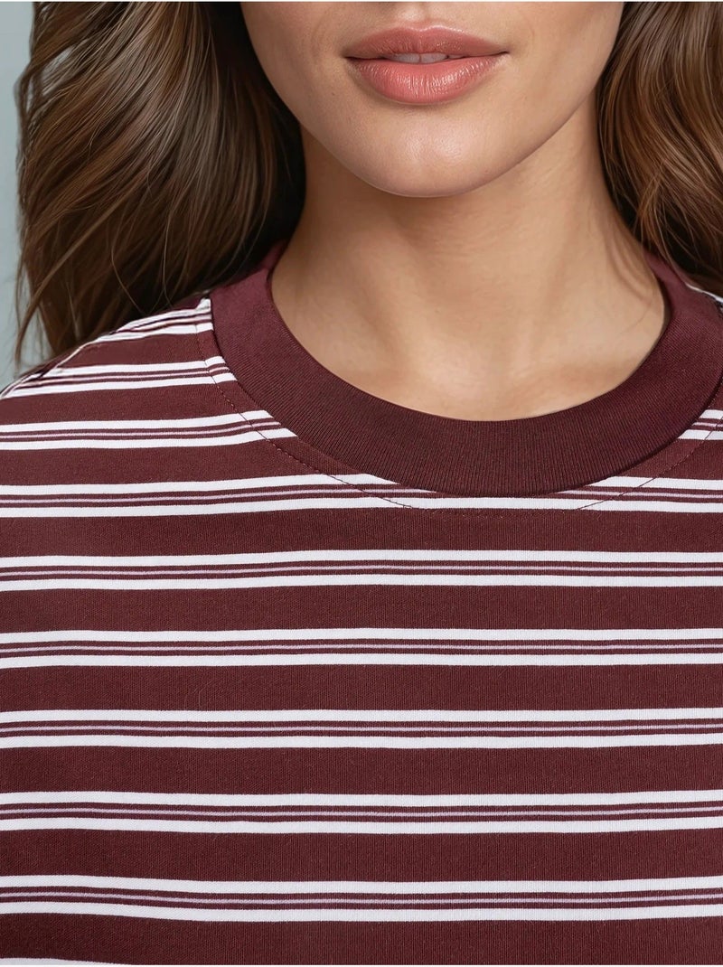 T-shirt à manches longues rayé , col rond busem Rouge bordeaux - Kiabi