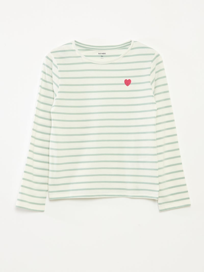 T-shirt à rayures à manches longues et col rond Vert - Kiabi