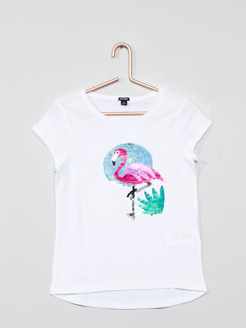 T-shirt à sequins réversibles 'flamant rose' blanc - Kiabi