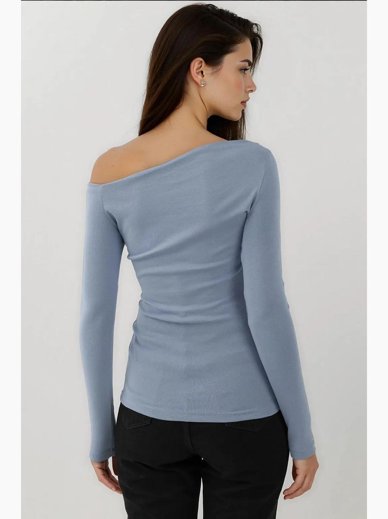 T-shirt aansluitend asymmetrische hals lange mouw hiccup Hemelsblauw - Kiabi