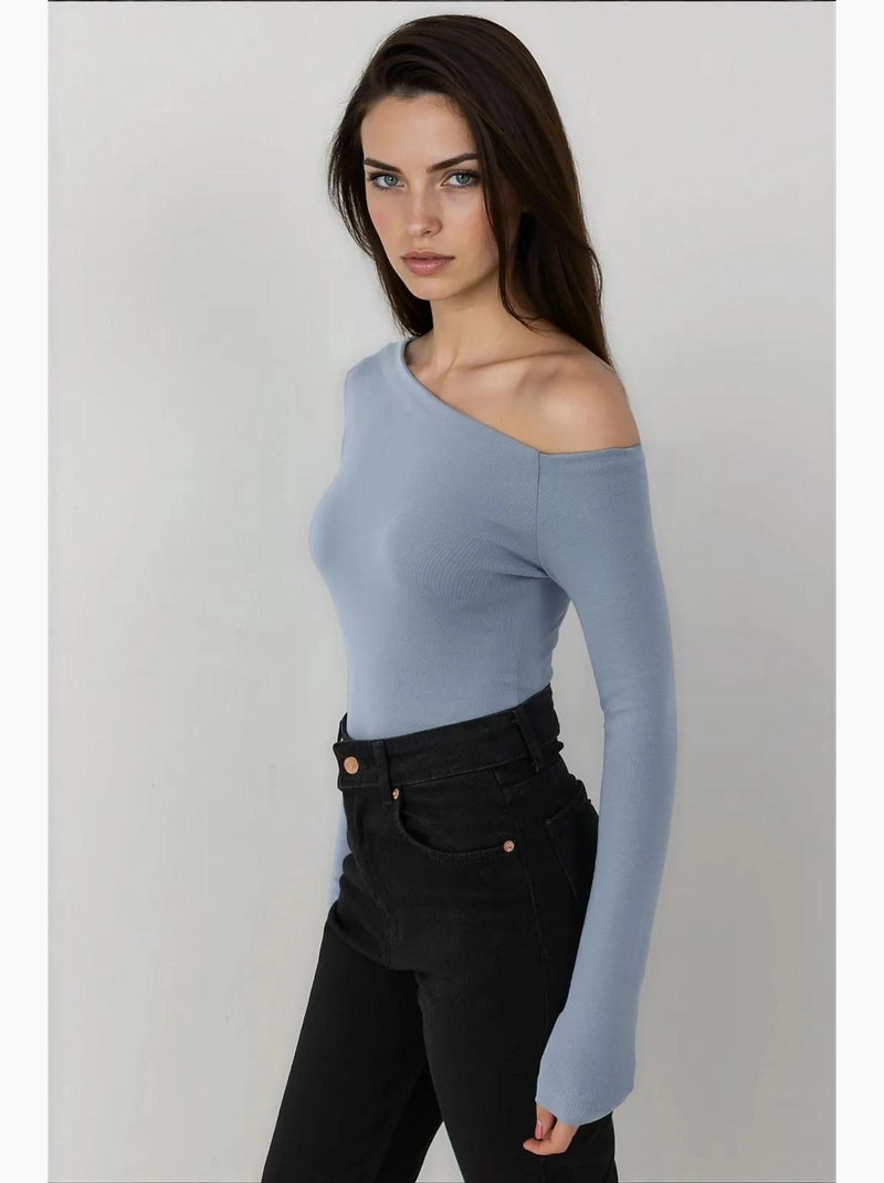 T-shirt aansluitend asymmetrische hals lange mouw hiccup Hemelsblauw - Kiabi