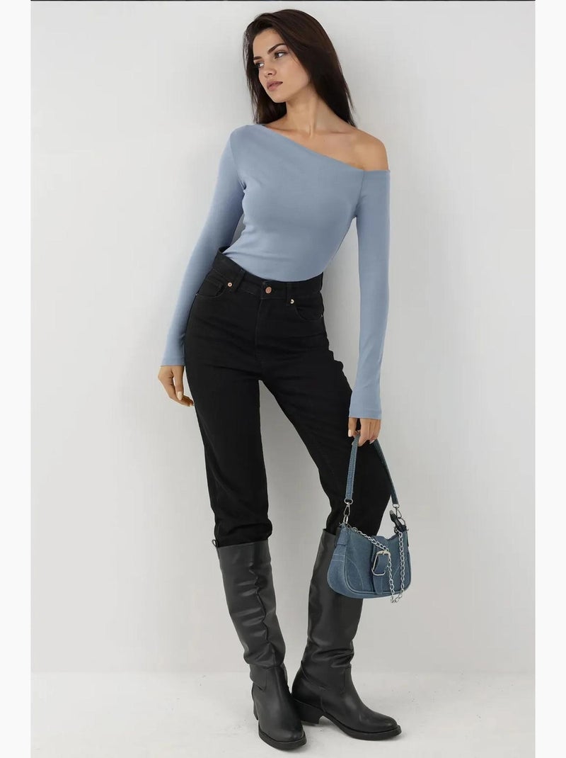 T-shirt aansluitend asymmetrische hals lange mouw hiccup Hemelsblauw - Kiabi