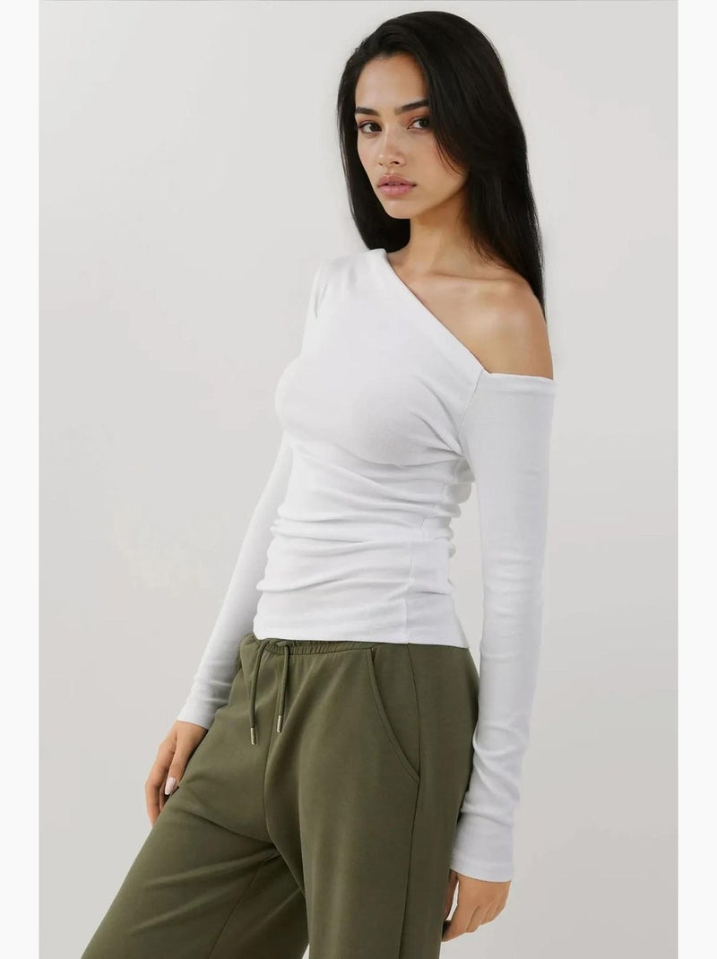 T-shirt aansluitend asymmetrische hals lange mouw hiccup Wit - Kiabi