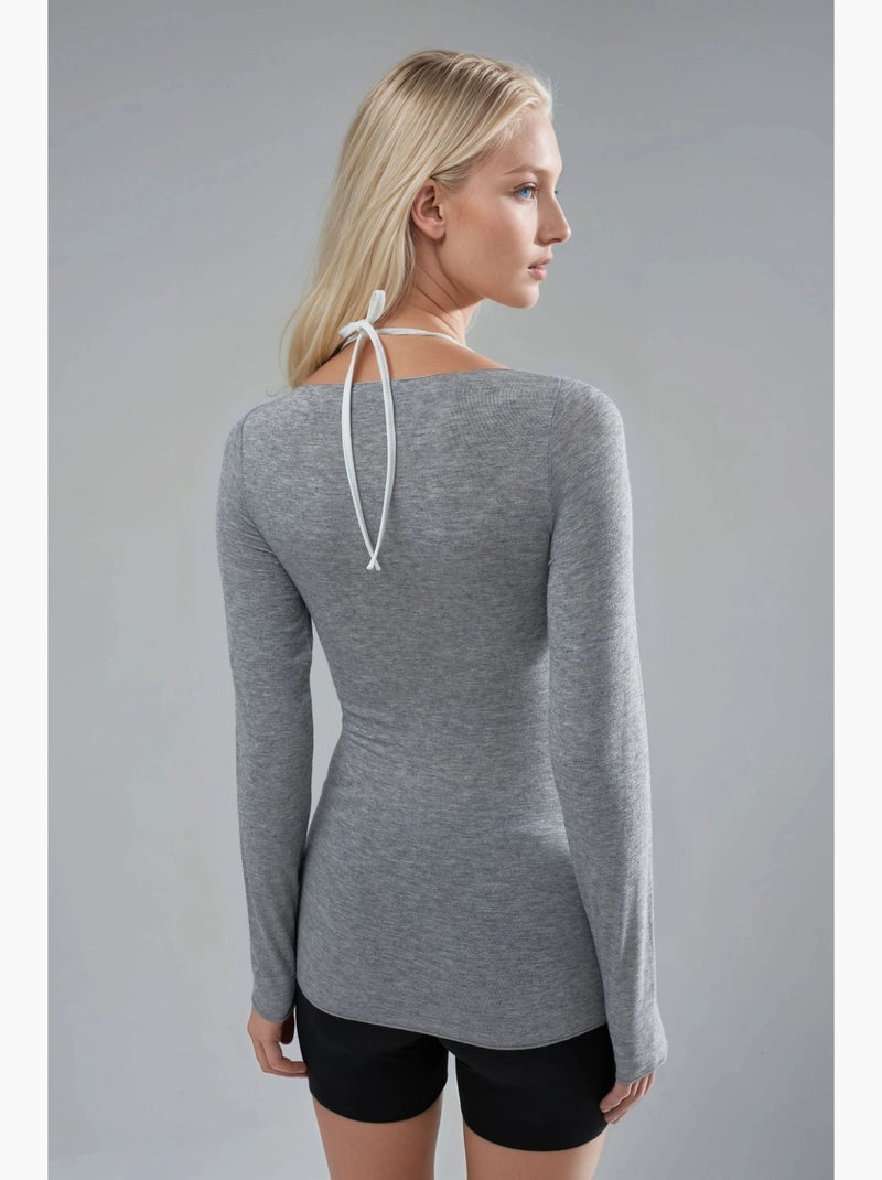 T-shirt aansluitend boothals lange mouw busem Lichtgrijs - Kiabi