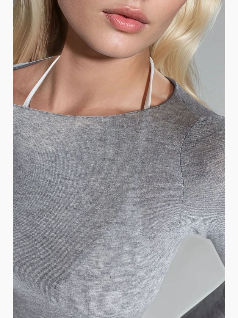 T-shirt aansluitend boothals lange mouw busem Lichtgrijs - Kiabi