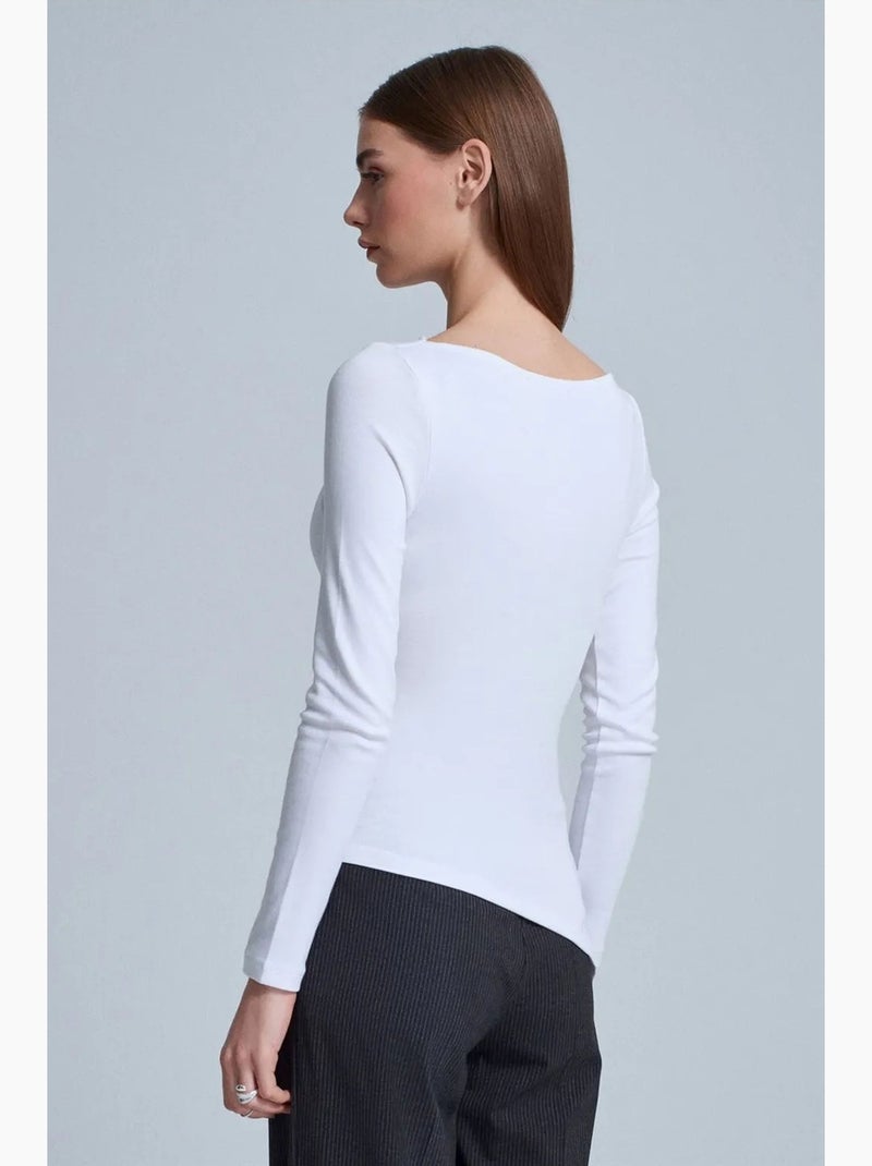 T-shirt aansluitend boothals lange mouw dilvin Gebroken wit - Kiabi