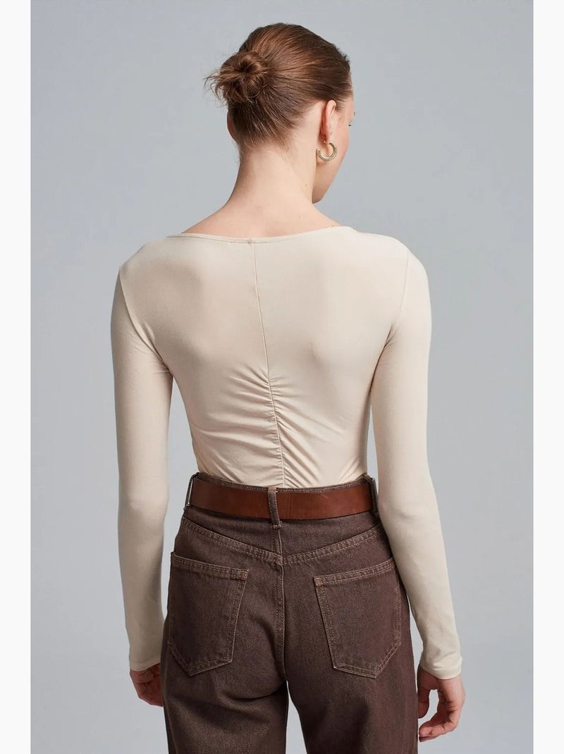 T-shirt aansluitend boothals lange mouw dilvin Klei-beige - Kiabi