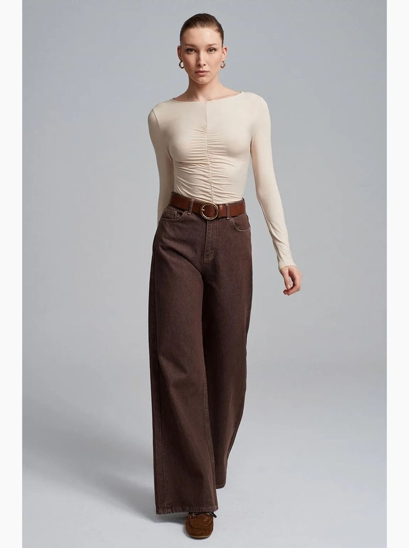 T-shirt aansluitend boothals lange mouw dilvin Klei-beige - Kiabi