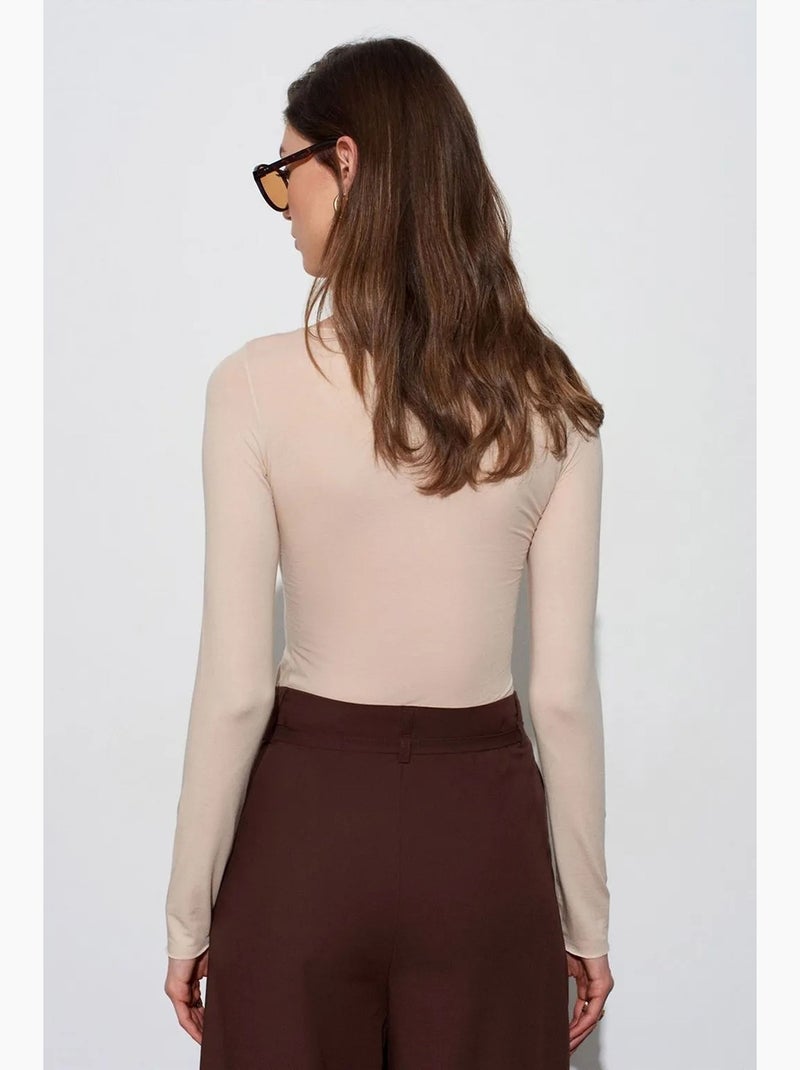 T-shirt aansluitend boothals lange mouw dilvin Klei-beige - Kiabi