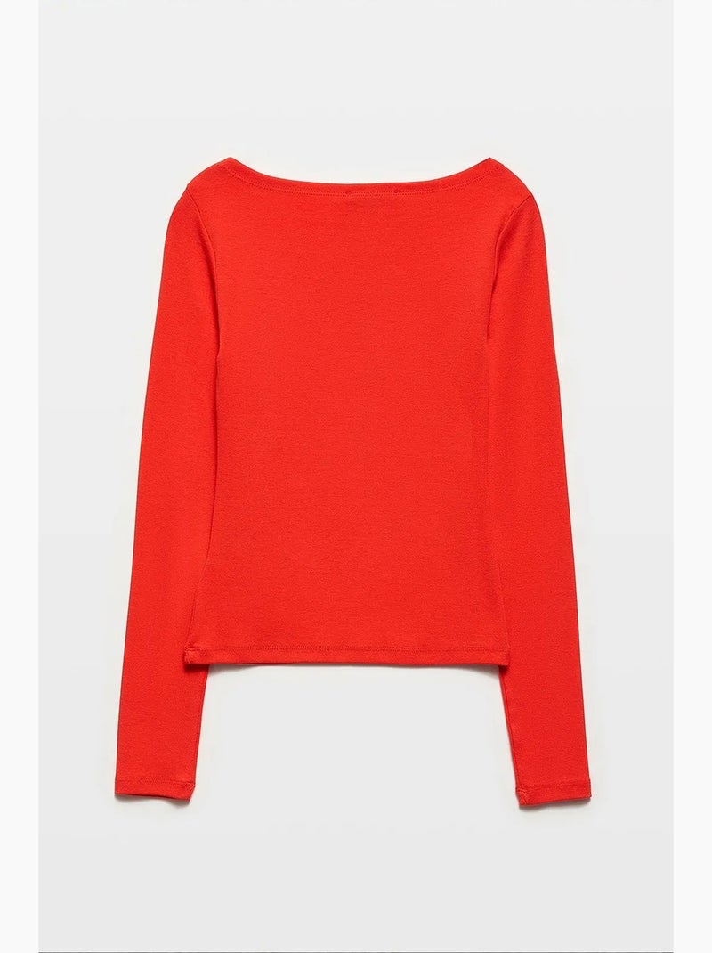 T-shirt aansluitend boothals lange mouw dilvin Rood - Kiabi