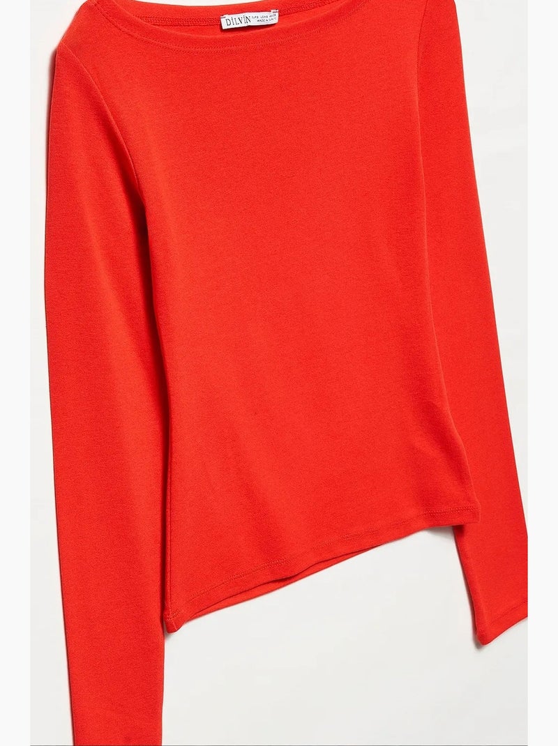 T-shirt aansluitend boothals lange mouw dilvin Rood - Kiabi