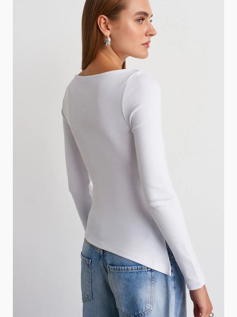 T-shirt aansluitend boothals lange mouw dilvin Wit - Kiabi