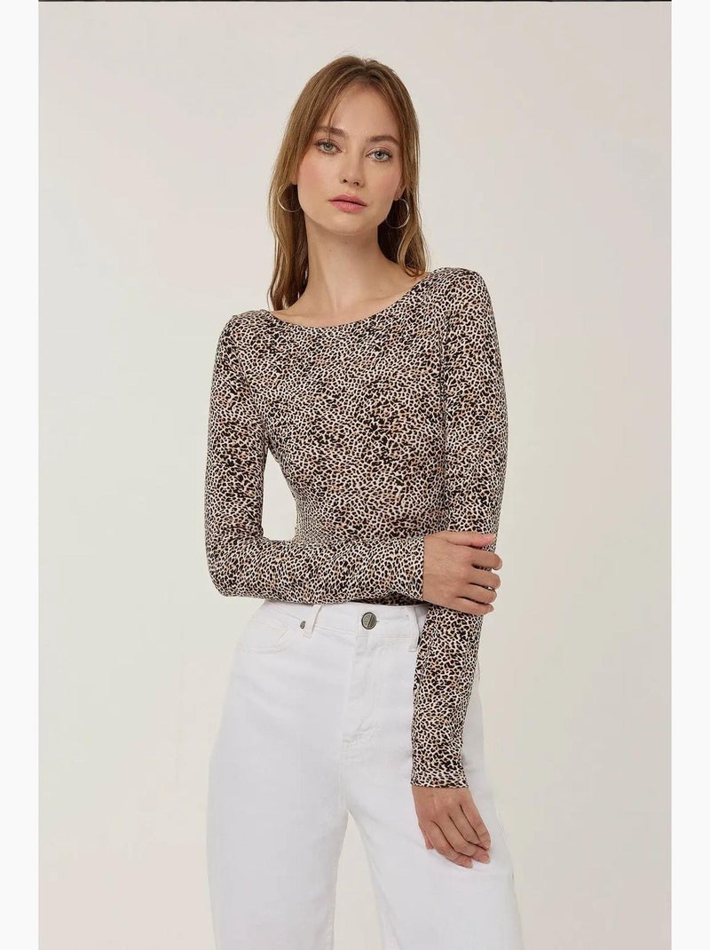 T-shirt aansluitend dierenprint lange mouw hiccup Natuurlijk beige - Kiabi