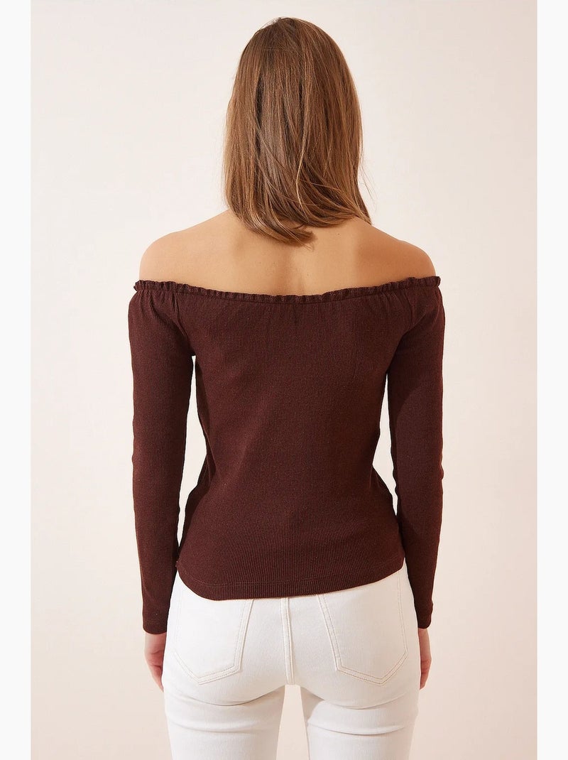 T-shirt aansluitend hartvormige hals lange mouw istanbul Chocoladebruin - Kiabi