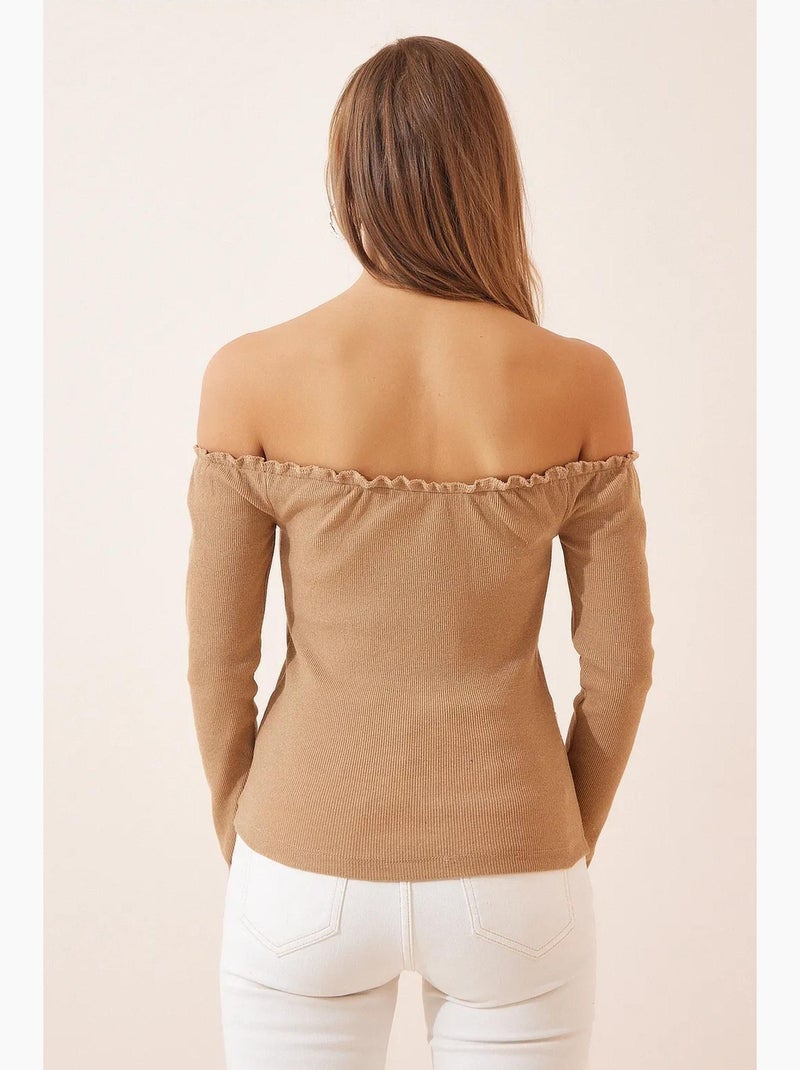 T-shirt aansluitend hartvormige hals lange mouw istanbul Lichtbeige - Kiabi