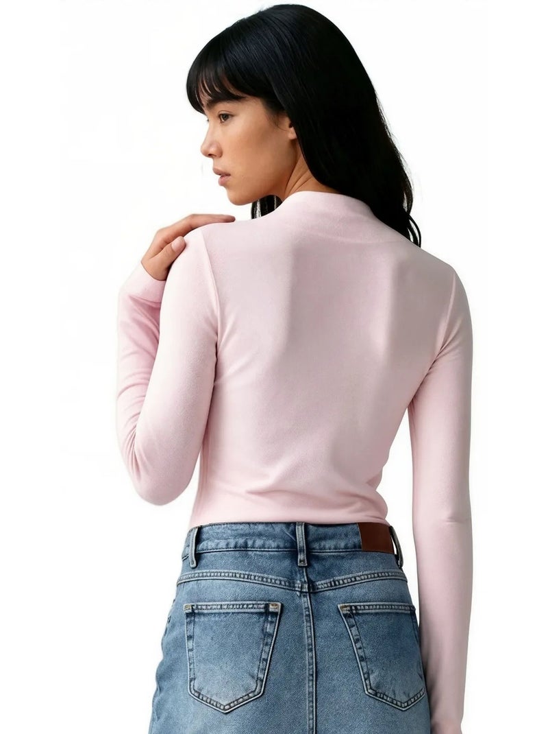 T-shirt aansluitend hoge hals lange mouw busem Lichtroze - Kiabi