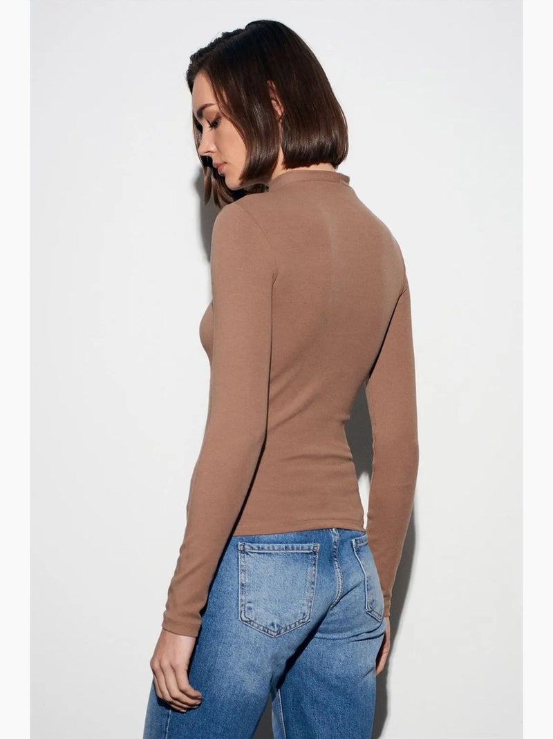 T-shirt aansluitend hoge hals lange mouw dilvin Camel - Kiabi