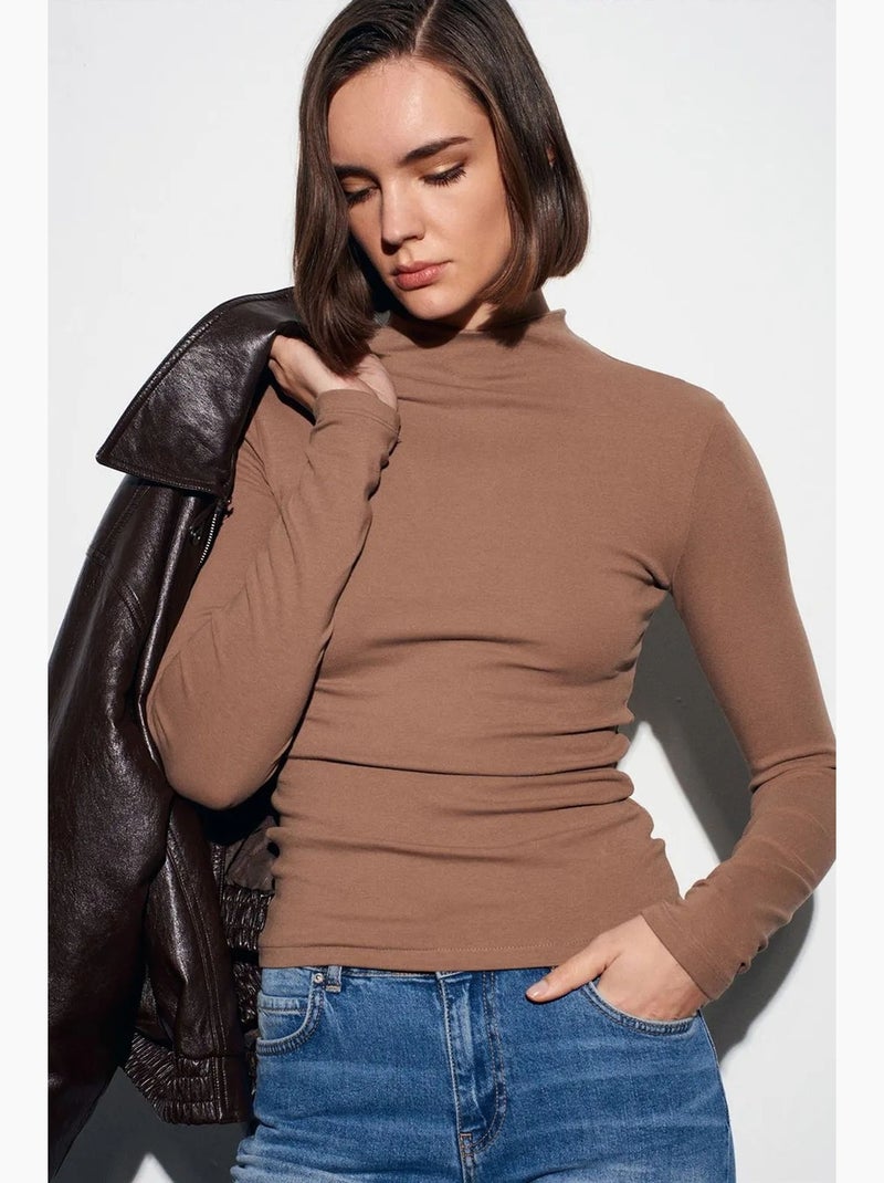 T-shirt aansluitend hoge hals lange mouw dilvin Camel - Kiabi