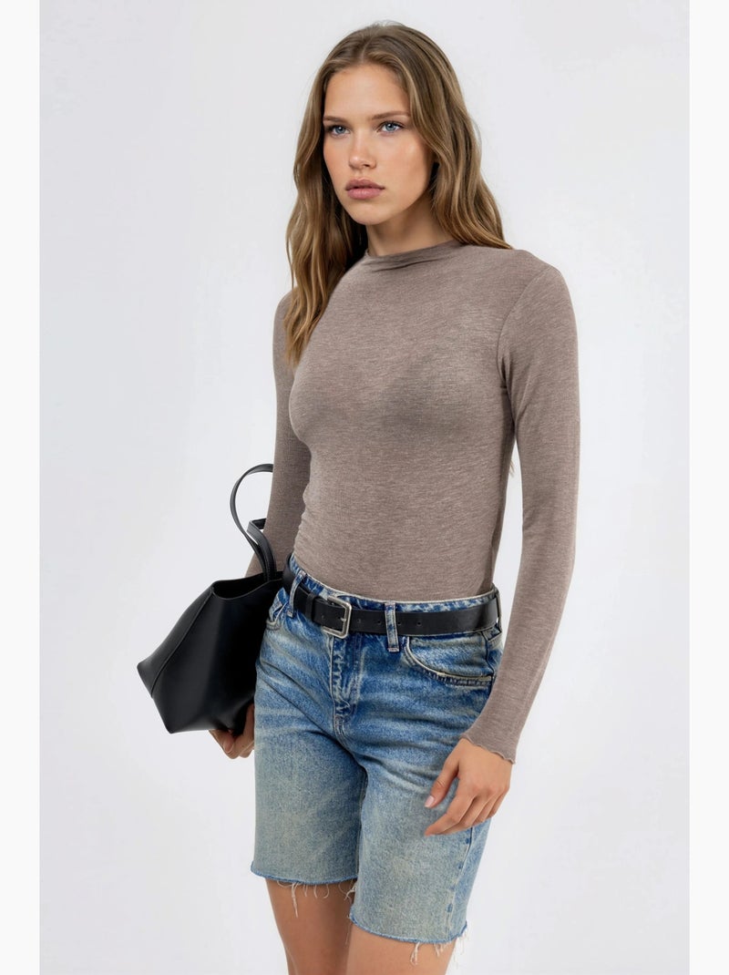 T-shirt aansluitend lange mouw busem Greige - Kiabi