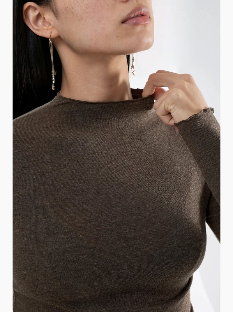 T-shirt aansluitend lange mouw busem Kaki - Kiabi