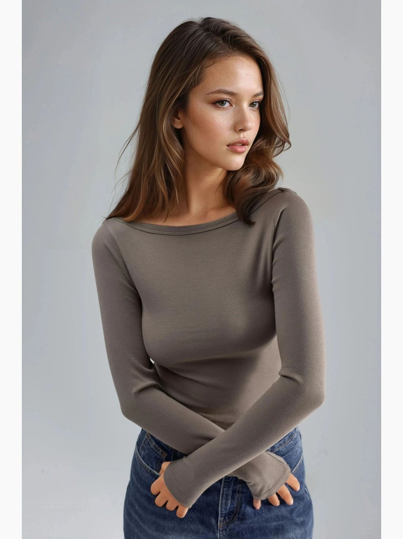 T-shirt aansluitend ribgebreid boothals lange mouw busem Lichtbruin - Kiabi
