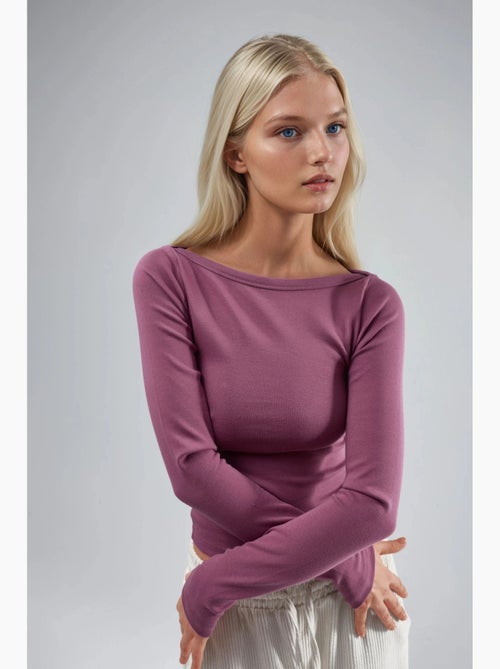 T-shirt aansluitend ribgebreid boothals lange mouw busem - Kiabi T-shirt aansluitend ribgebreid boothals lange mouw busem - Kiabi