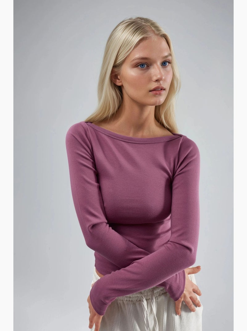 T-shirt aansluitend ribgebreid boothals lange mouw busem Mauve - Kiabi